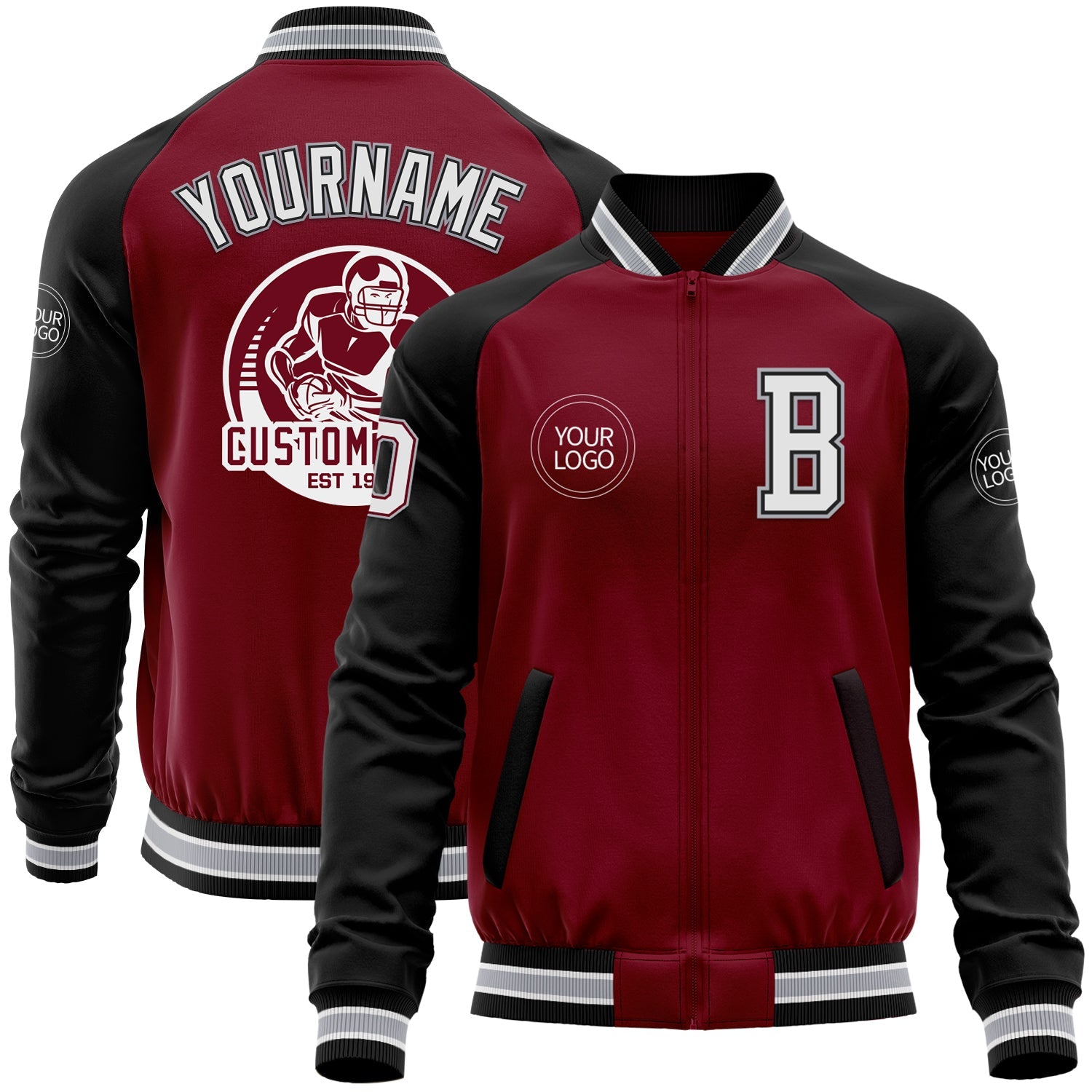 Custom Crimson Black-Gray Bomber Varsity Letterman Two Tone Zipper Jacket - Main View