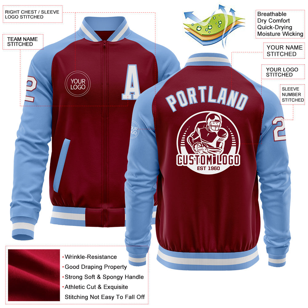 Custom Crimson White-Light Blue Bomber Varsity Letterman Two Tone Zipper Jacket view 4