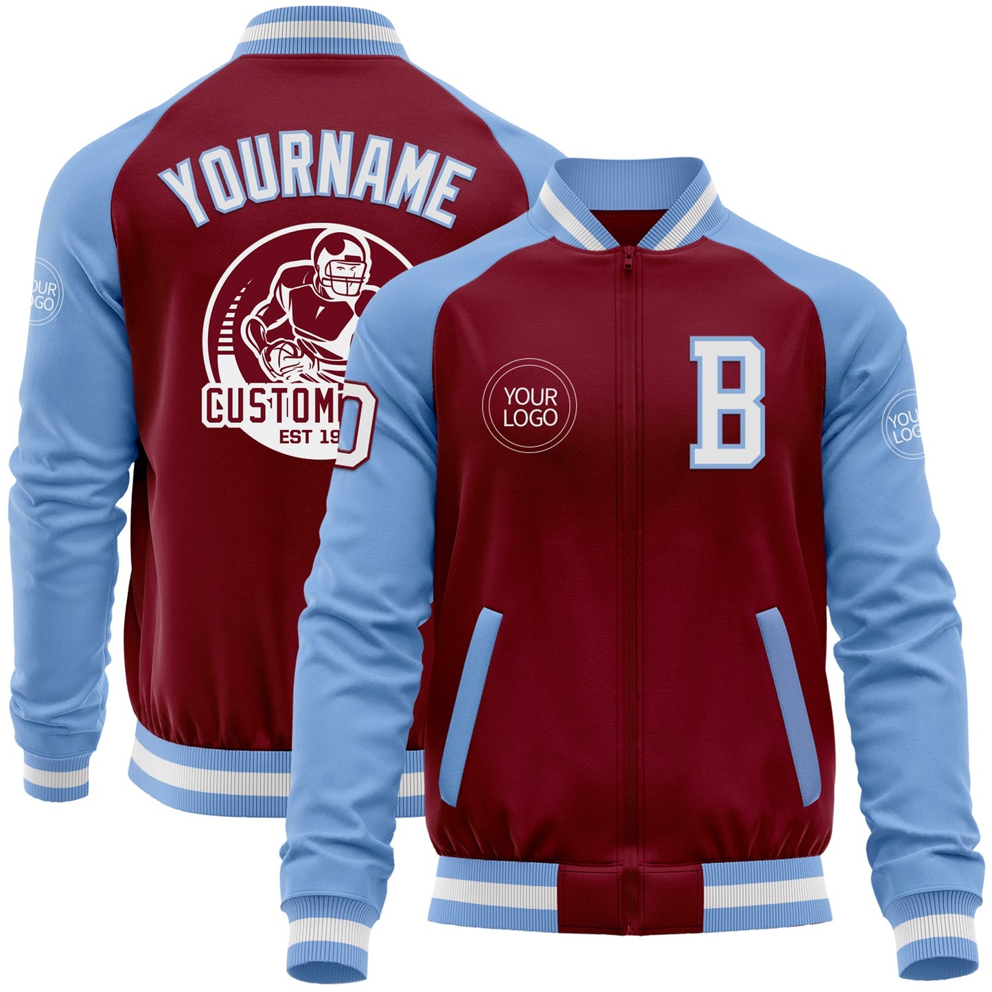 Custom Crimson White-Light Blue Bomber Varsity Letterman Two Tone Zipper Jacket - Main View