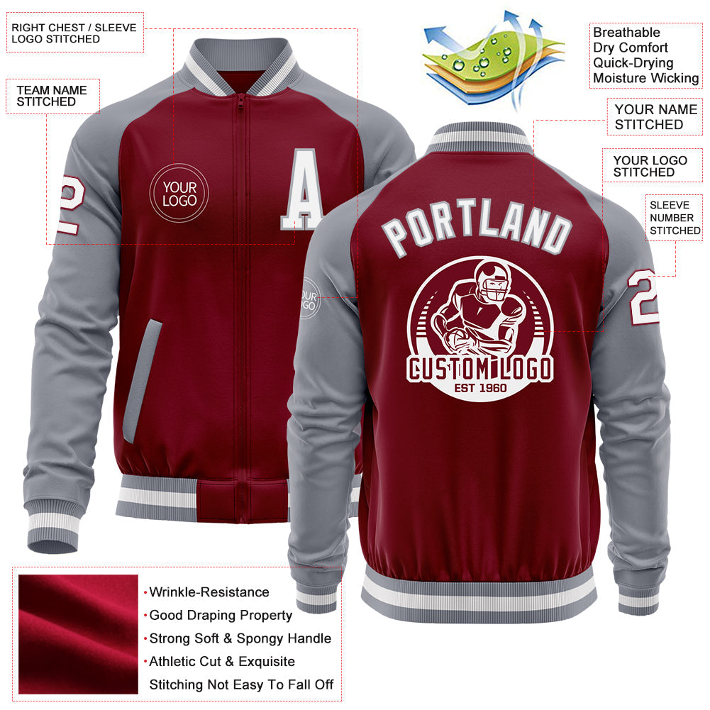 Custom Crimson White-Gray Bomber Varsity Letterman Two Tone Zipper Jacket view 4