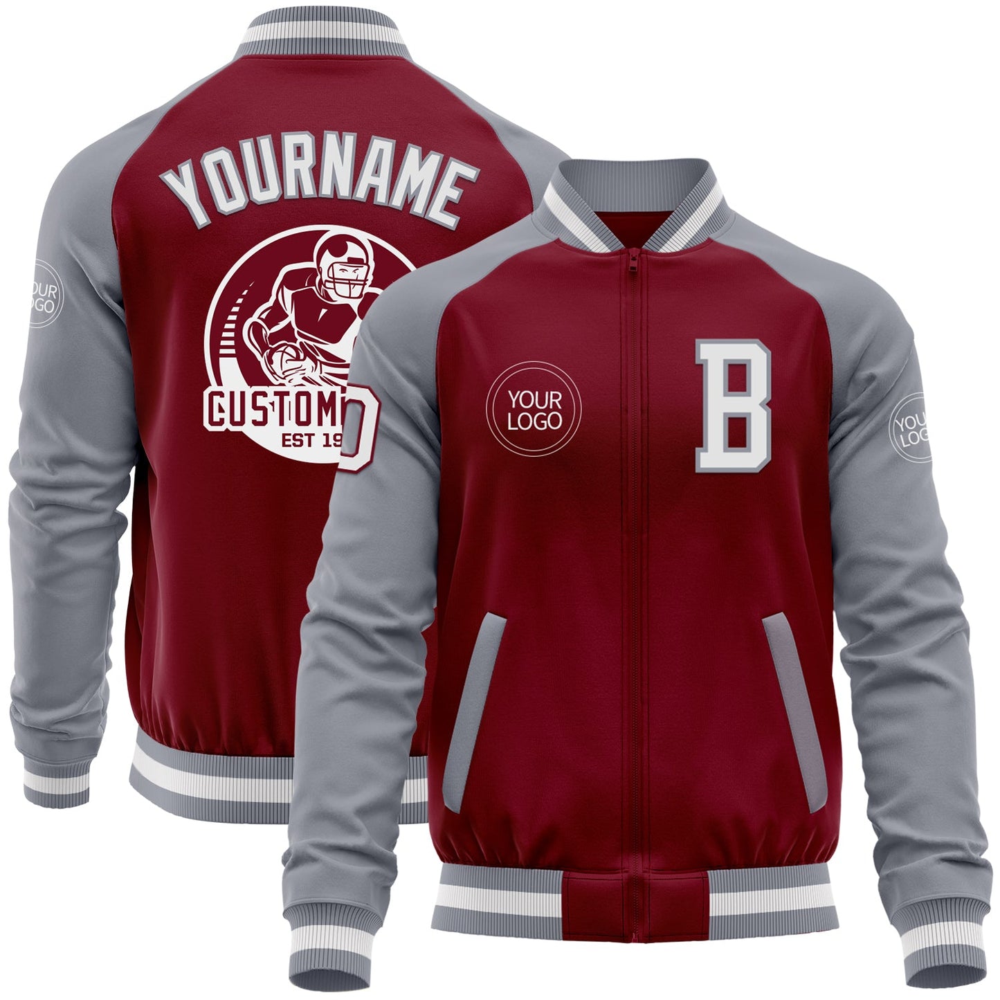 Custom Crimson White-Gray Bomber Varsity Letterman Two Tone Zipper Jacket - Main View