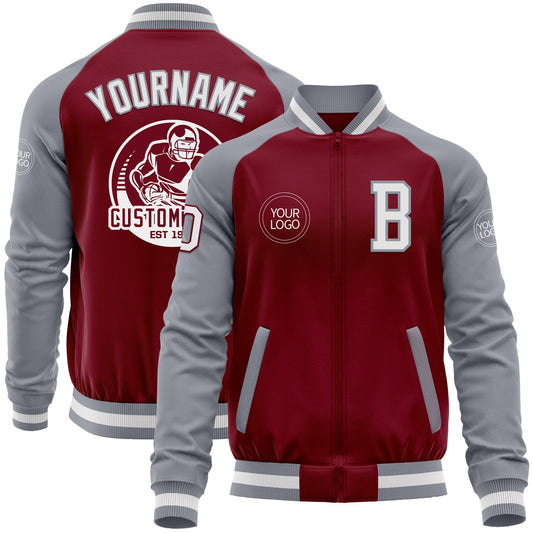 Custom Crimson White-Gray Bomber Varsity Letterman Two Tone Zipper Jacket - Main View