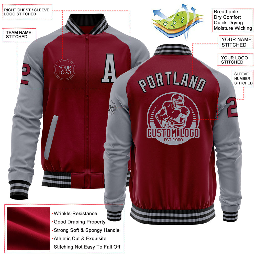 Custom Crimson Gray-Black Bomber Varsity Letterman Two Tone Zipper Jacket view 4