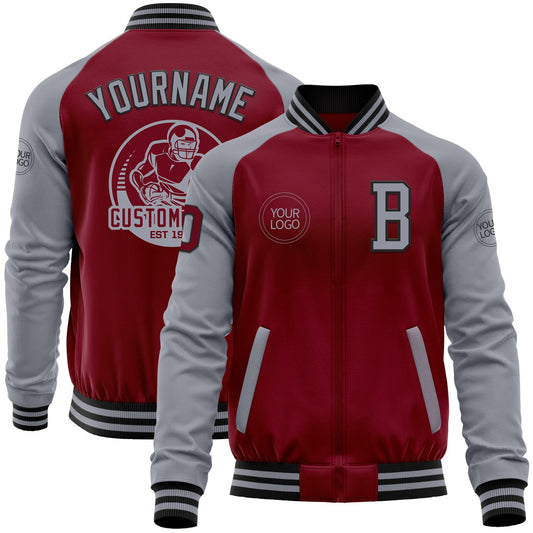 Custom Crimson Gray-Black Bomber Varsity Letterman Two Tone Zipper Jacket - Main View