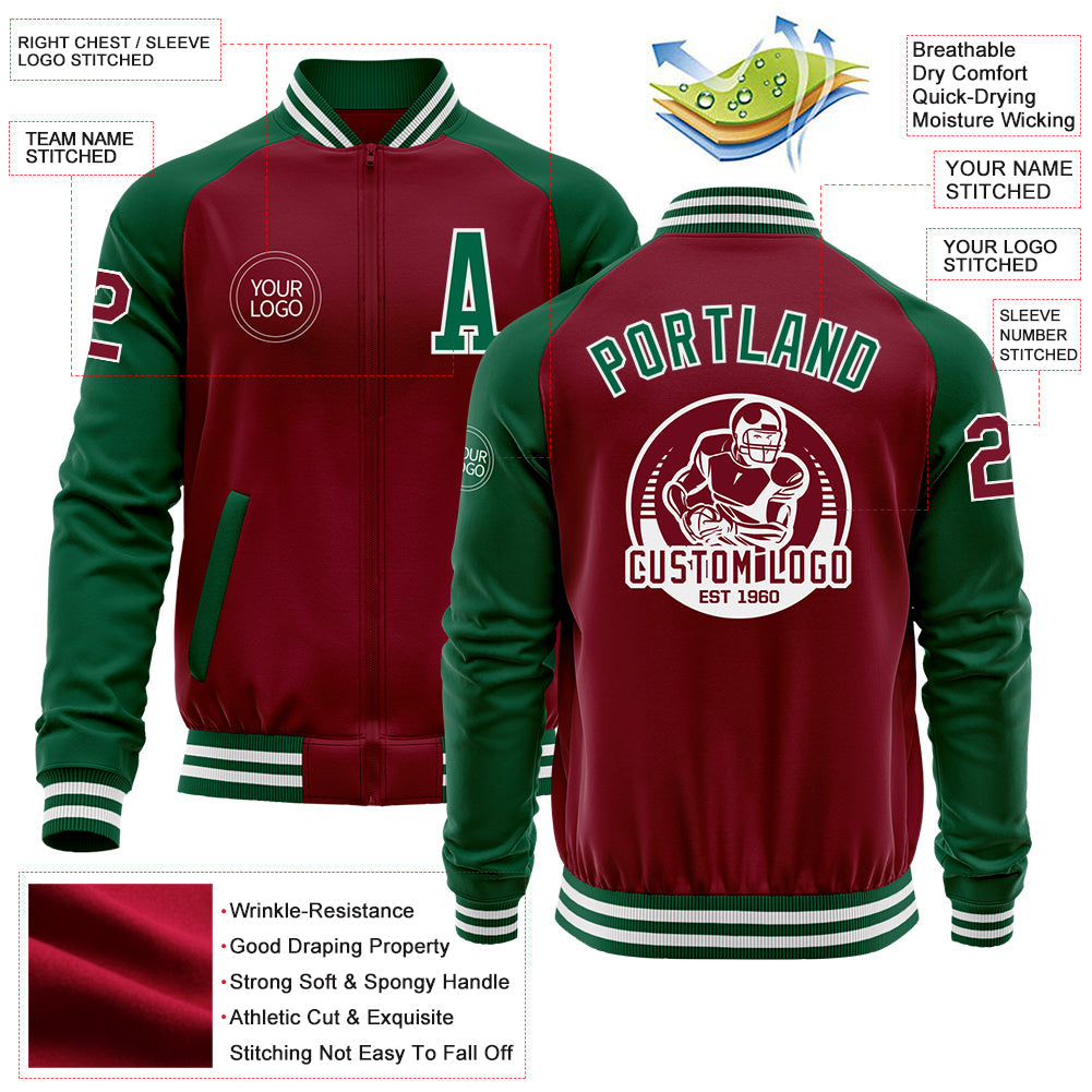 Custom Crimson Kelly Green-White Bomber Varsity Letterman Two Tone Zipper Jacket view 4