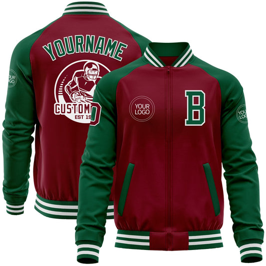 Custom Crimson Kelly Green-White Bomber Varsity Letterman Two Tone Zipper Jacket - Main View
