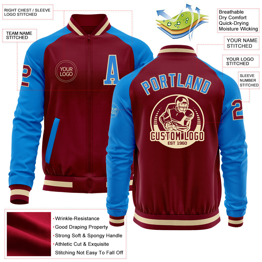 Custom Crimson Powder Blue Cream-Maroon Bomber Varsity Letterman Two Tone Zipper Jacket view 4