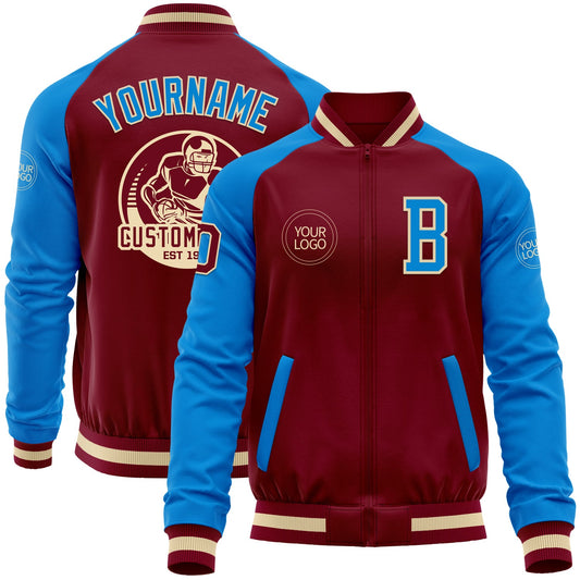 Custom Crimson Powder Blue Cream-Maroon Bomber Varsity Letterman Two Tone Zipper Jacket - Main View