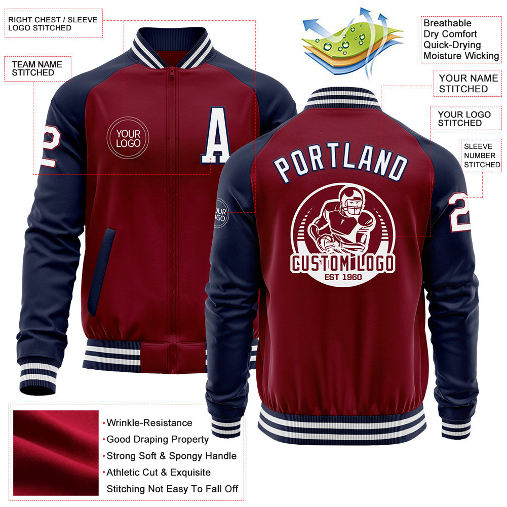 Custom Crimson White-Navy Bomber Varsity Letterman Two Tone Zipper Jacket view 4