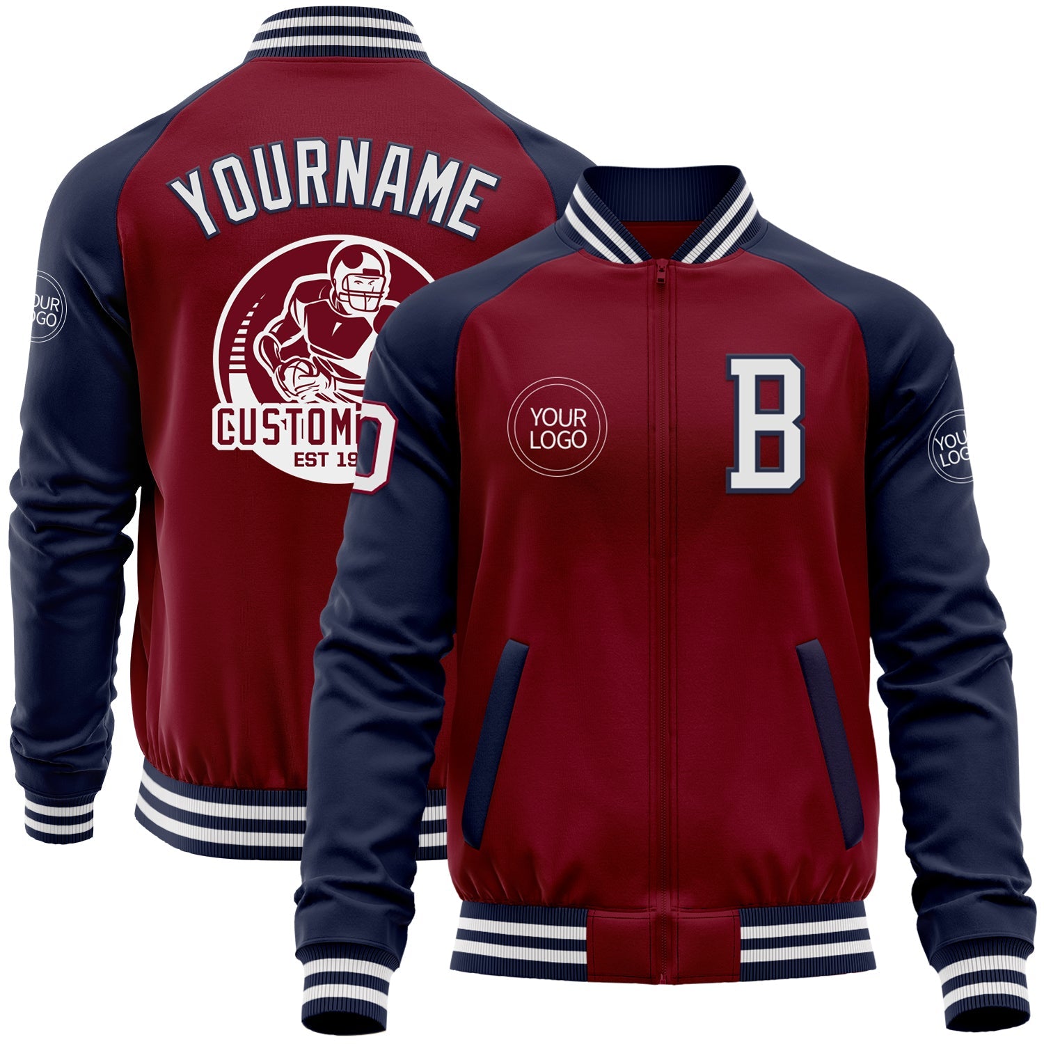 Custom Crimson White-Navy Bomber Varsity Letterman Two Tone Zipper Jacket - Main View