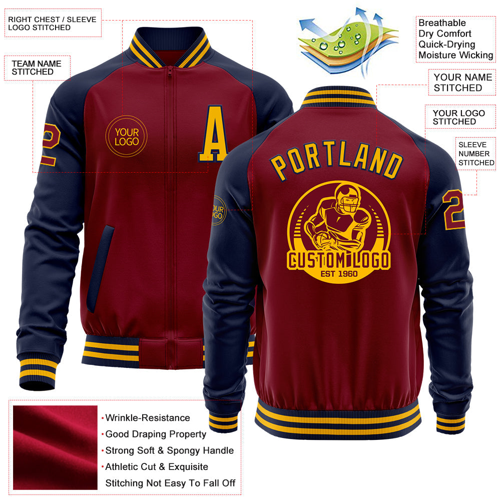 Custom Crimson Gold-Navy Bomber Varsity Letterman Two Tone Zipper Jacket view 4