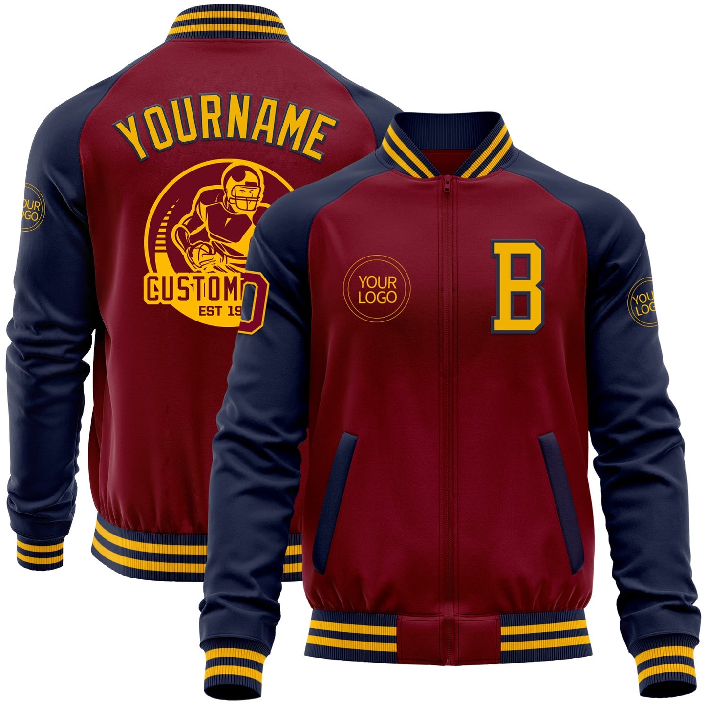 Custom Crimson Gold-Navy Bomber Varsity Letterman Two Tone Zipper Jacket - Main View