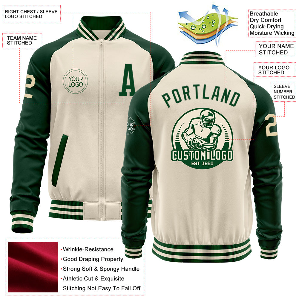 Custom Cream Green Bomber Varsity Letterman Two Tone Zipper Jacket view 4