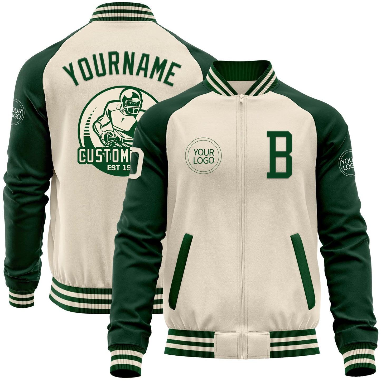 Custom Cream Green Bomber Varsity Letterman Two Tone Zipper Jacket - Main View