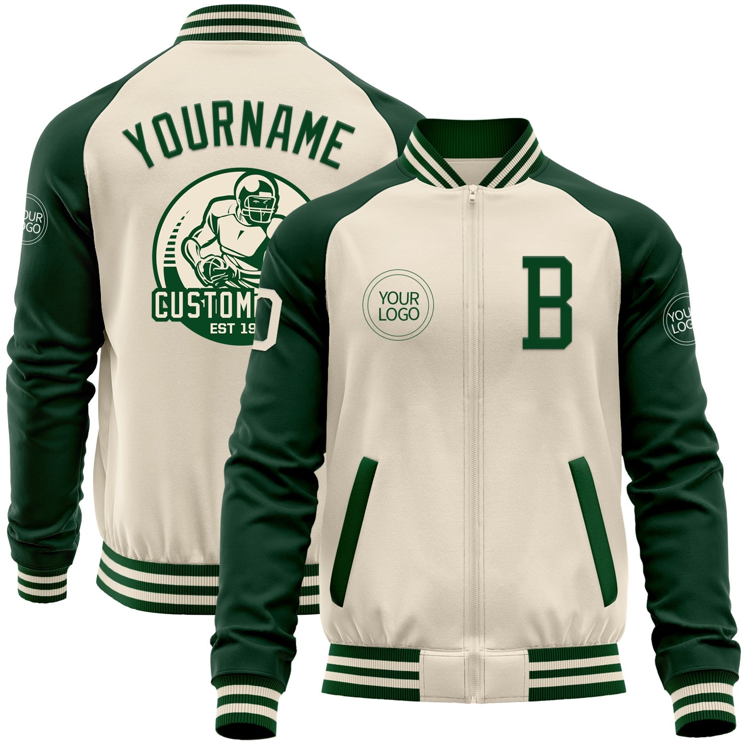 Custom Cream Green Bomber Varsity Letterman Two Tone Zipper Jacket - Main View