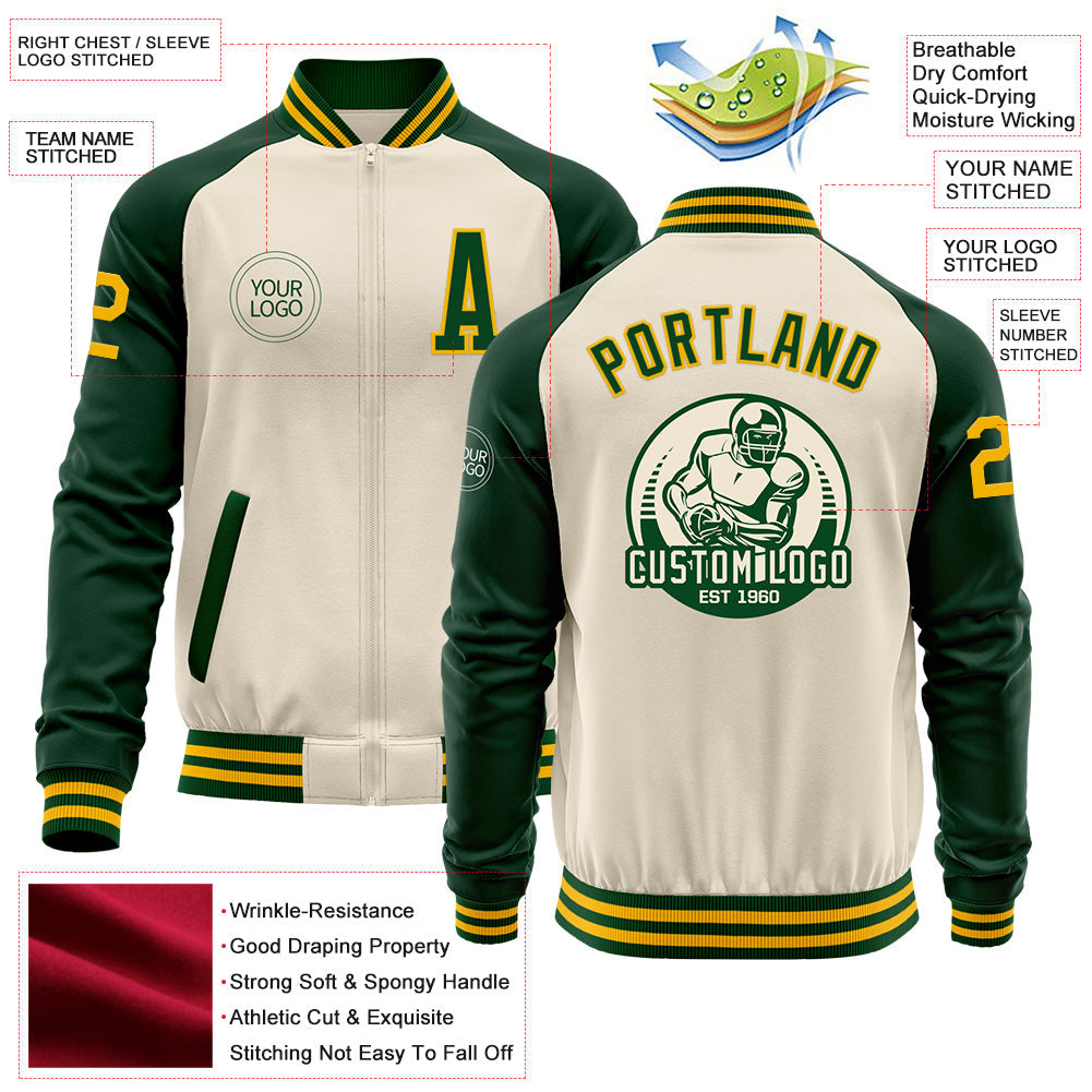 Custom Cream Gold-Green Bomber Varsity Letterman Two Tone Zipper Jacket view 4