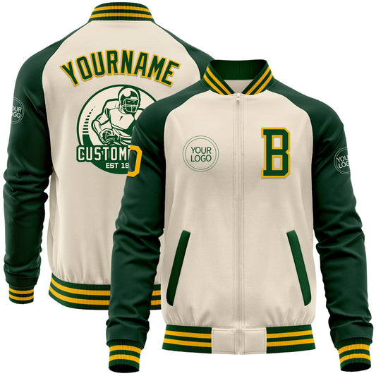 Custom Cream Gold-Green Bomber Varsity Letterman Two Tone Zipper Jacket - Main View