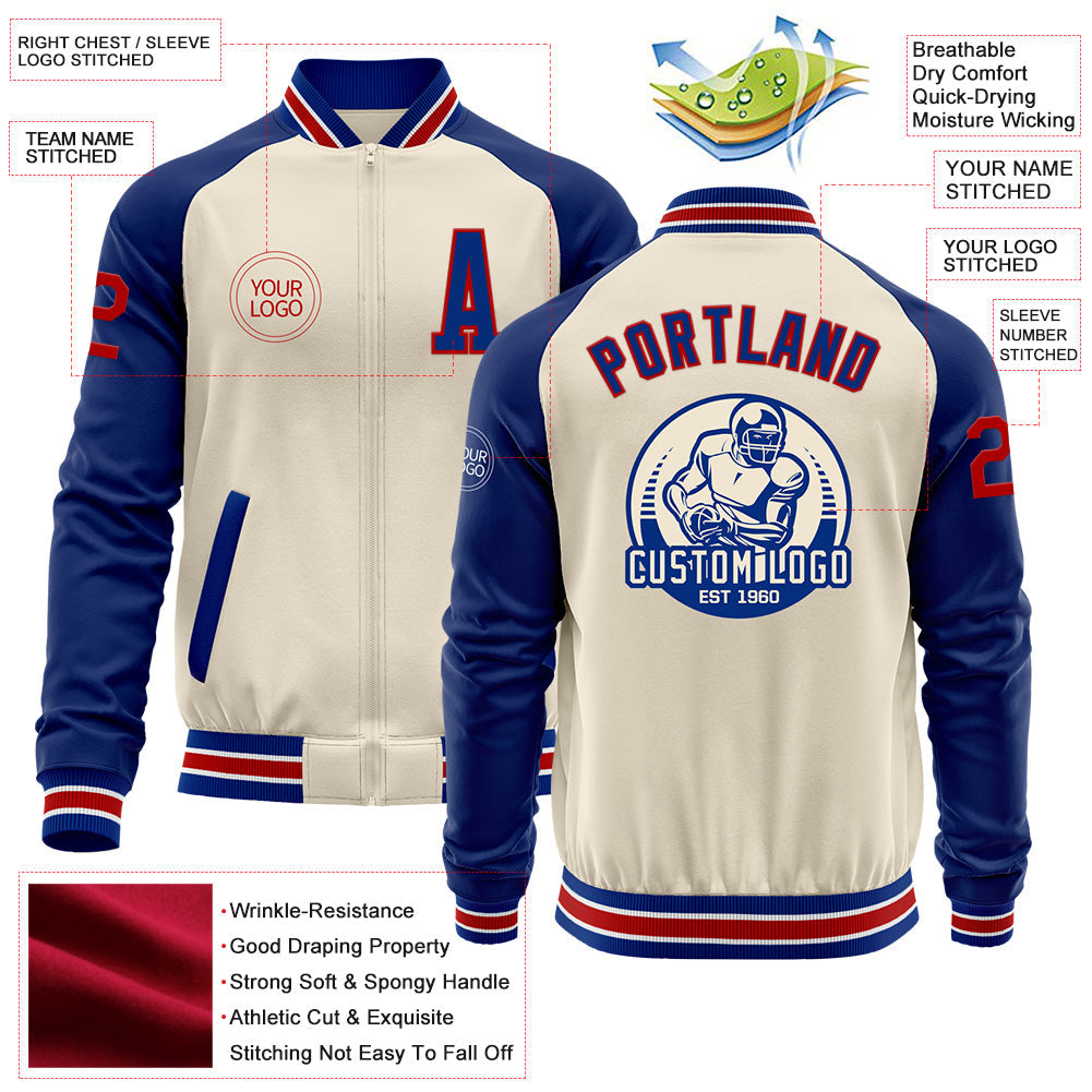 Custom Cream Red Royal-White Bomber Varsity Letterman Two Tone Zipper Jacket view 4