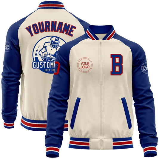 Custom Cream Red Royal-White Bomber Varsity Letterman Two Tone Zipper Jacket - Main View
