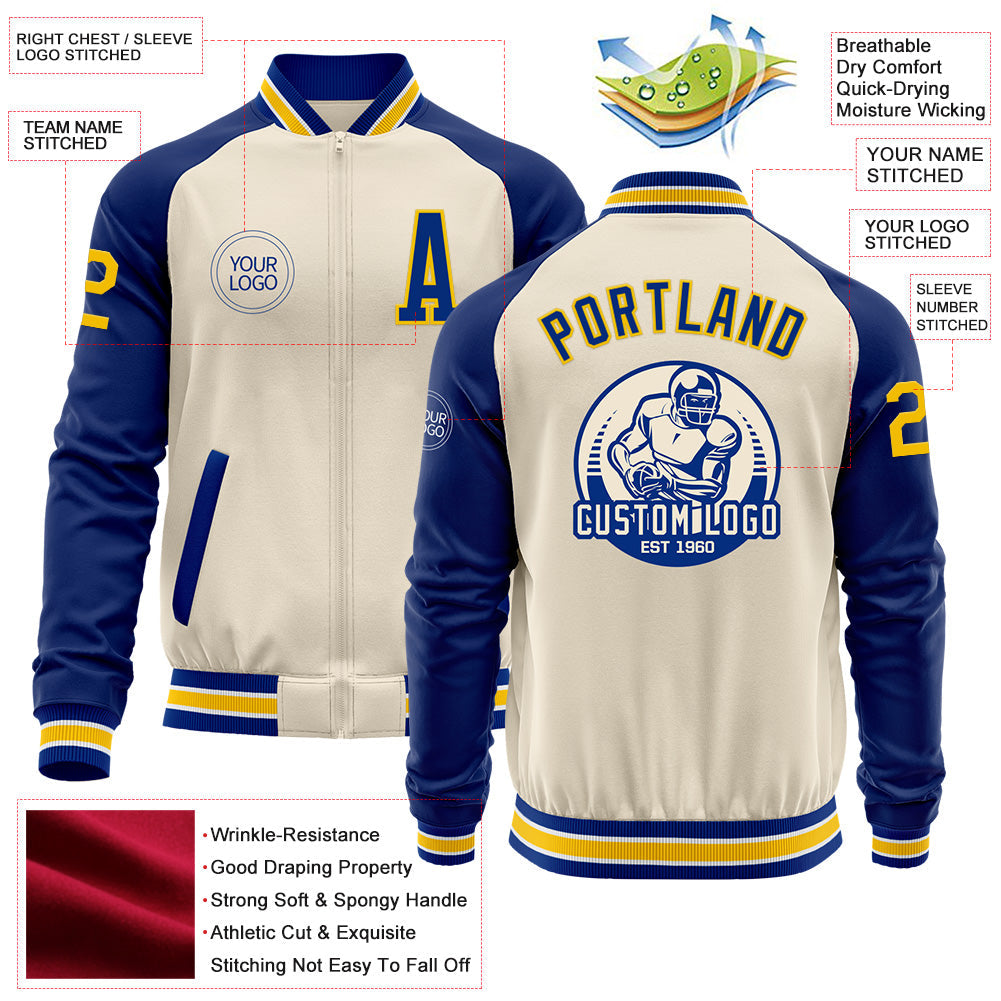Custom Cream Yellow Royal-White Bomber Varsity Letterman Two Tone Zipper Jacket view 4