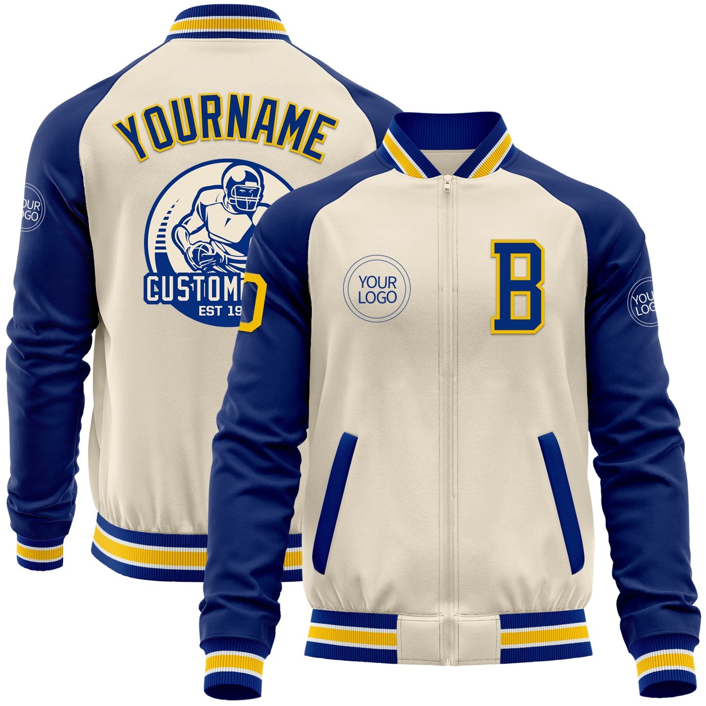 Custom Cream Yellow Royal-White Bomber Varsity Letterman Two Tone Zipper Jacket - Main View