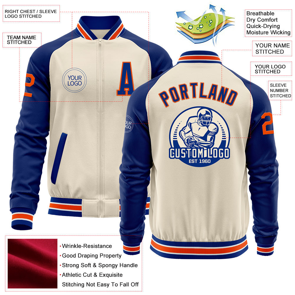 Custom Cream Orange Royal-White Bomber Varsity Letterman Two Tone Zipper Jacket view 4