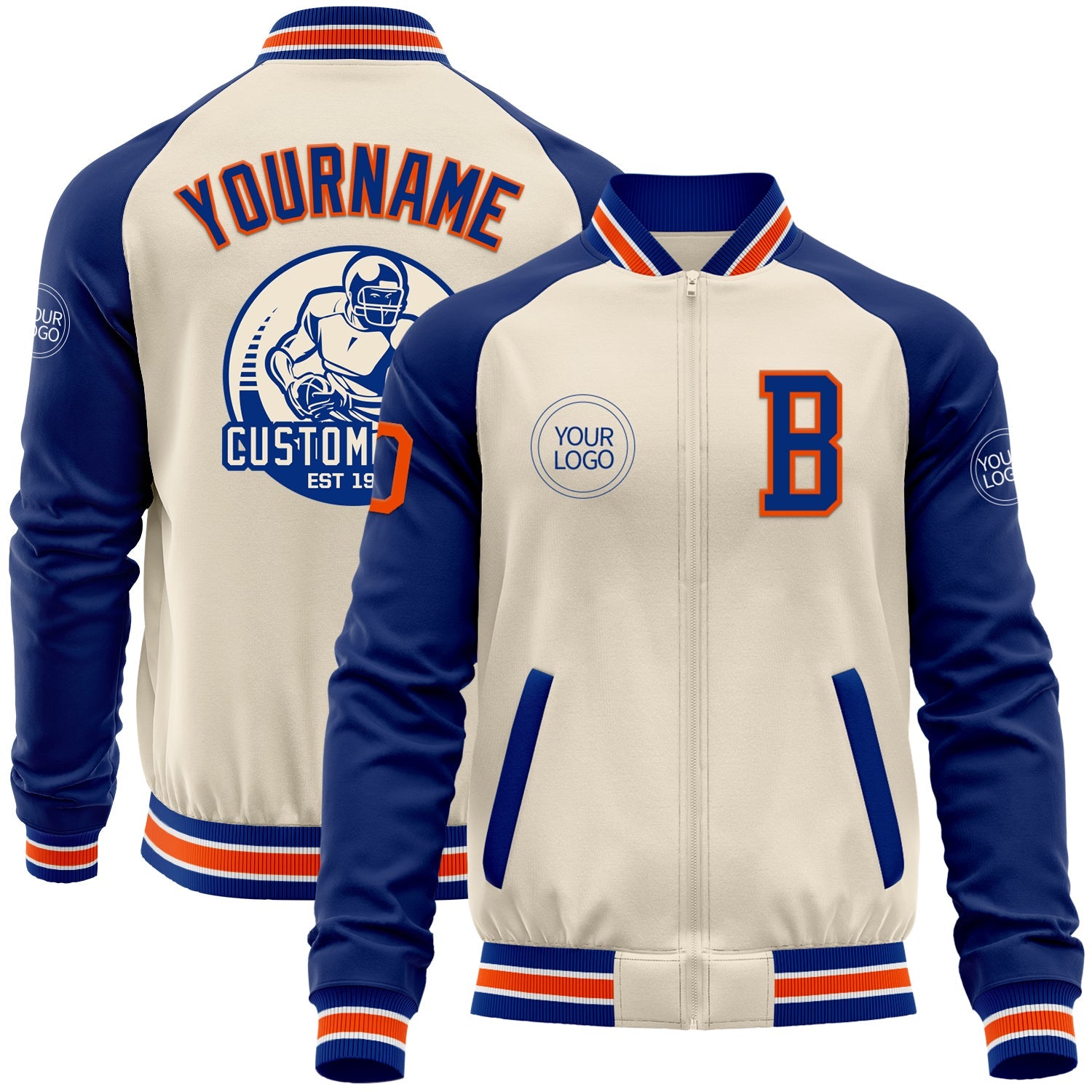 Custom Cream Orange Royal-White Bomber Varsity Letterman Two Tone Zipper Jacket - Main View
