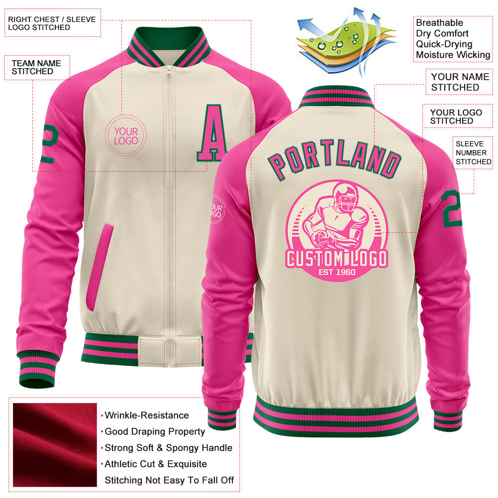 Custom Cream Kelly Green-Pink Bomber Varsity Letterman Two Tone Zipper Jacket view 4