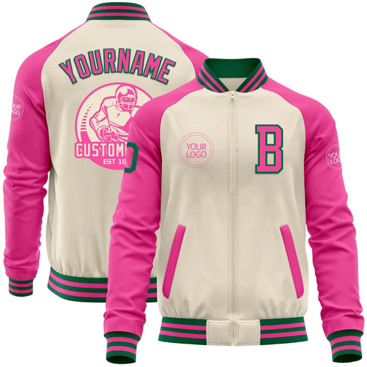 Custom Cream Kelly Green-Pink Bomber Varsity Letterman Two Tone Zipper Jacket - Main View