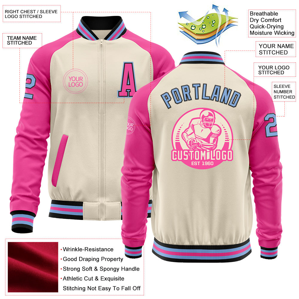 Custom Cream Light Blue Black-Pink Bomber Varsity Letterman Two Tone Zipper Jacket view 4