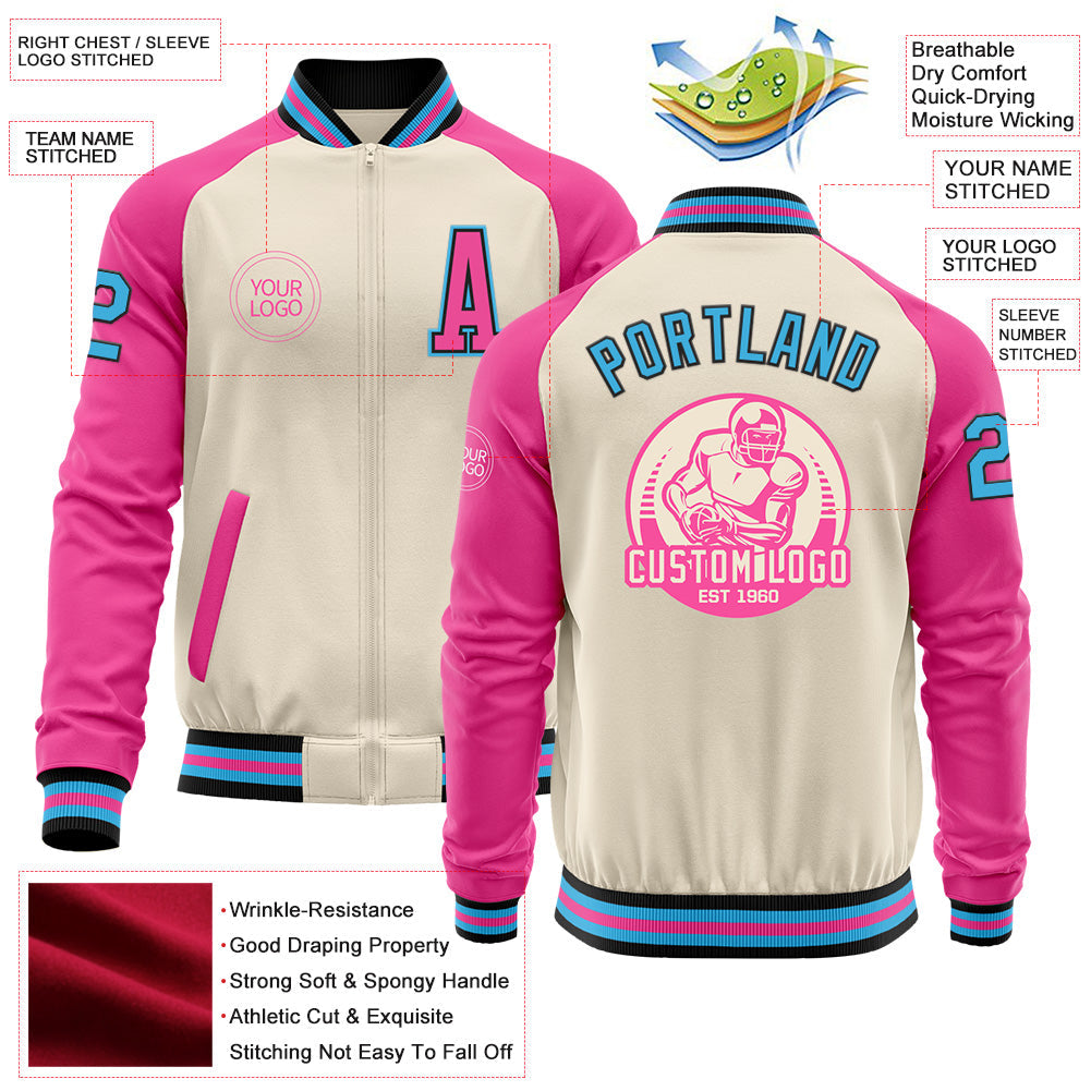 Custom Cream Sky Blue Black-Pink Bomber Varsity Letterman Two Tone Zipper Jacket view 4