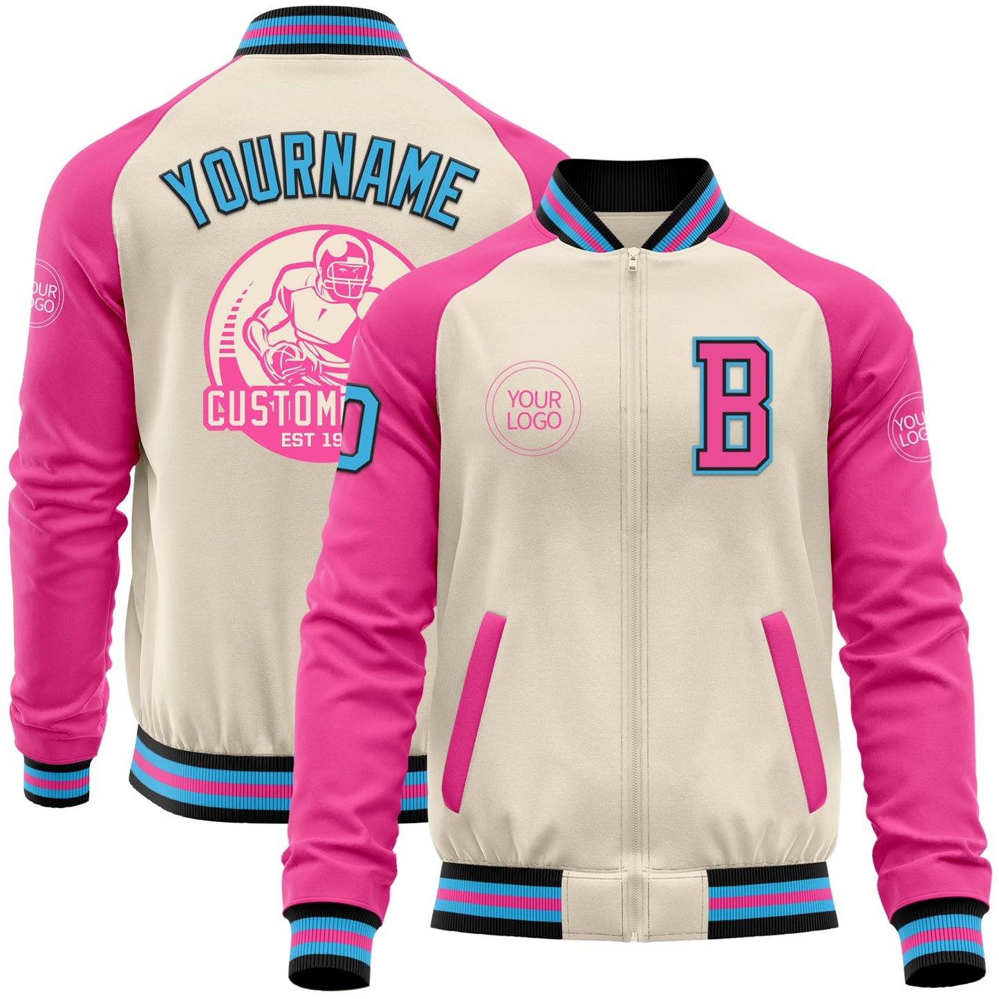 Custom Cream Sky Blue Black-Pink Bomber Varsity Letterman Two Tone Zipper Jacket - Main View