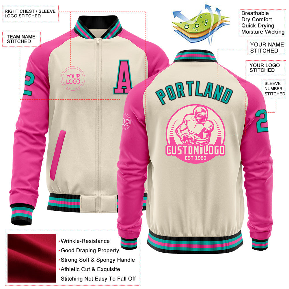 Custom Cream Aqua Black-Pink Bomber Varsity Letterman Two Tone Zipper Jacket view 4
