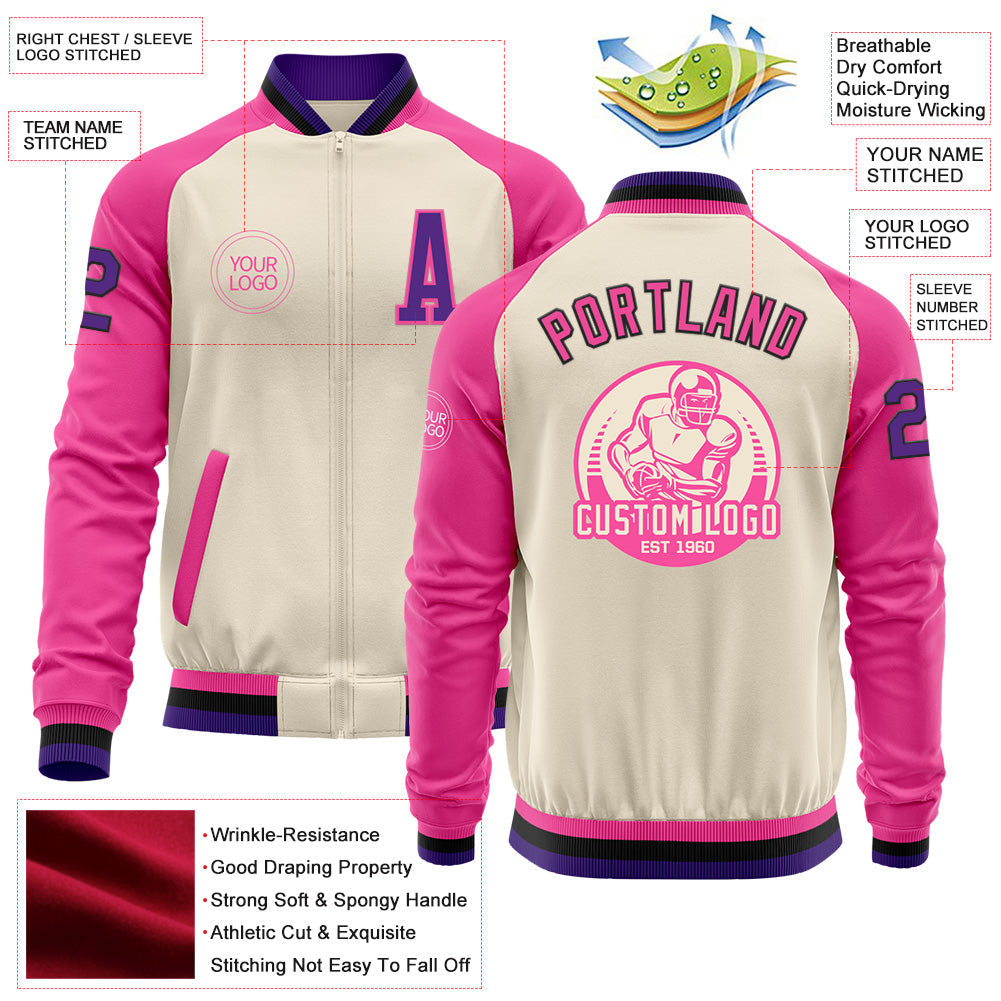 Custom Cream Purple Black-Pink Bomber Varsity Letterman Two Tone Zipper Jacket view 4