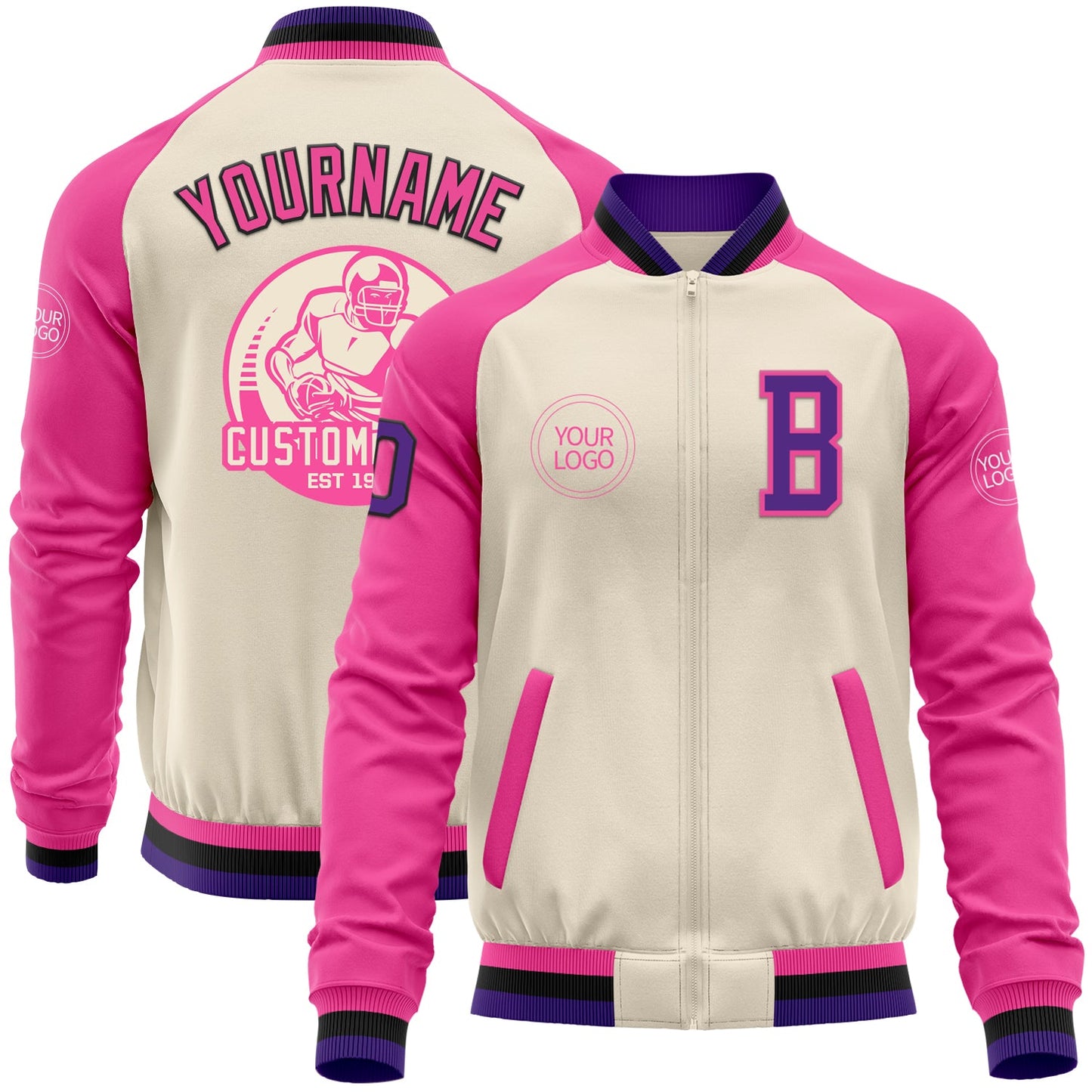 Custom Cream Purple Black-Pink Bomber Varsity Letterman Two Tone Zipper Jacket - Main View