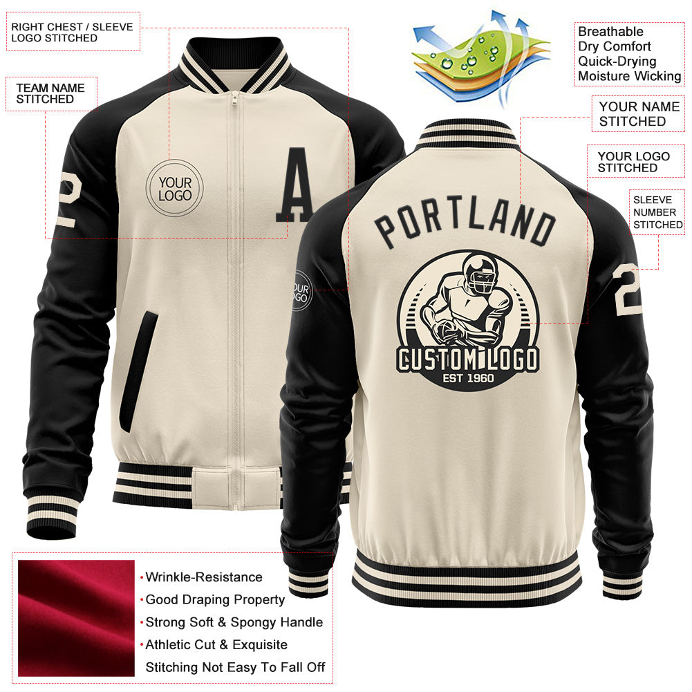 Custom Cream Black Bomber Varsity Letterman Two Tone Zipper Jacket view 4
