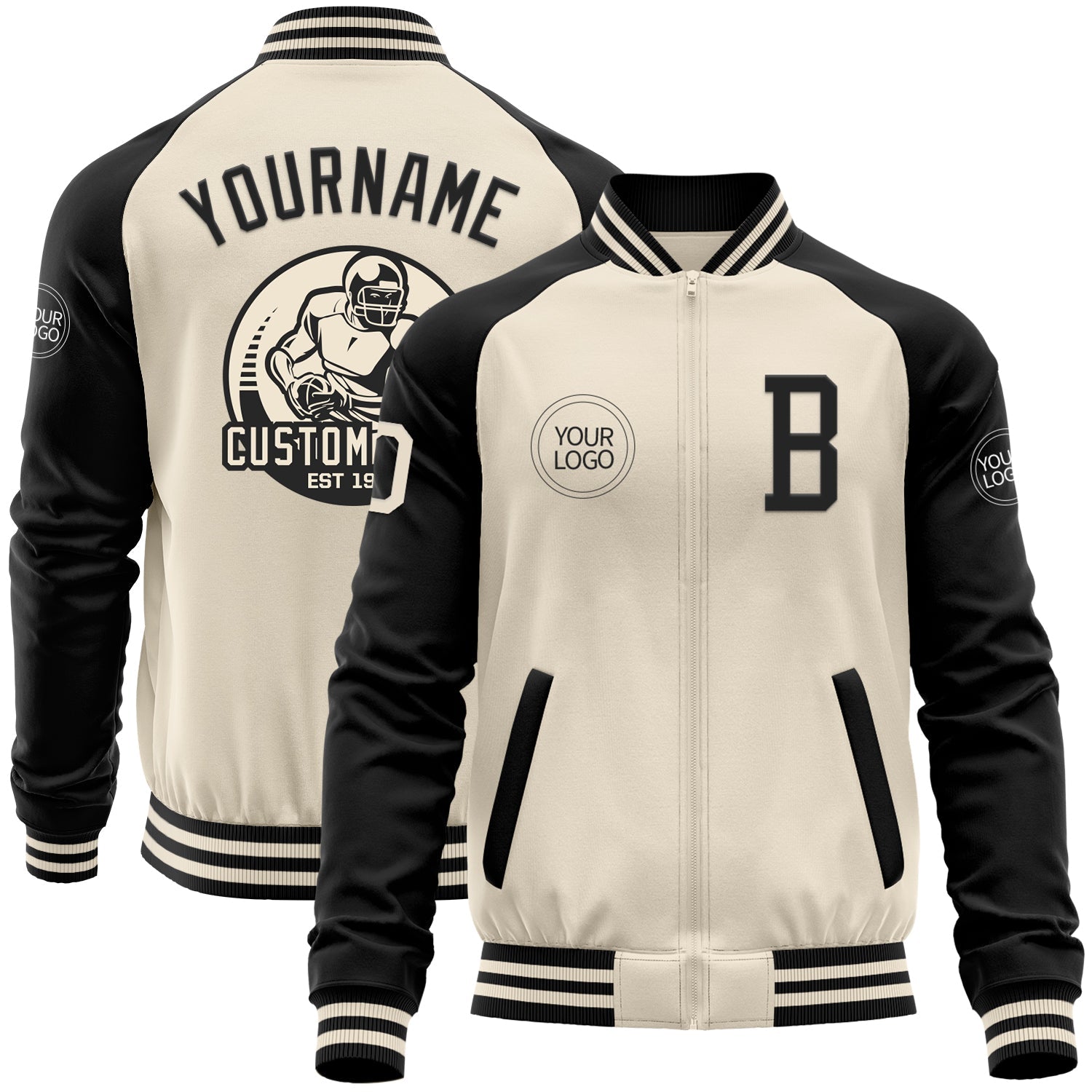 Custom Cream Black Bomber Varsity Letterman Two Tone Zipper Jacket - Main View