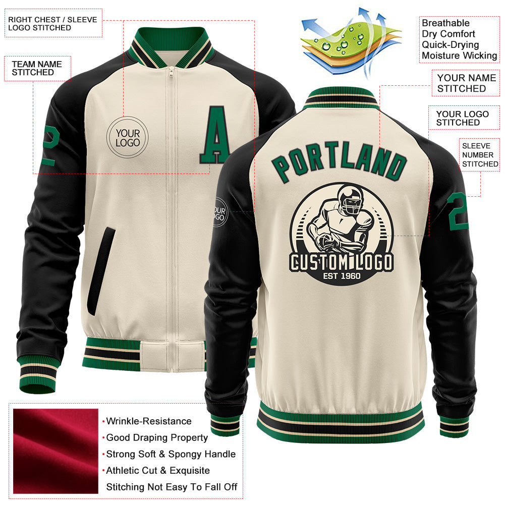 Custom Cream Kelly Green-Black Bomber Varsity Letterman Two Tone Zipper Jacket view 4