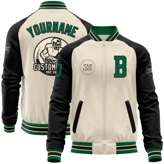 Custom Cream Kelly Green-Black Bomber Varsity Letterman Two Tone Zipper Jacket - Main View