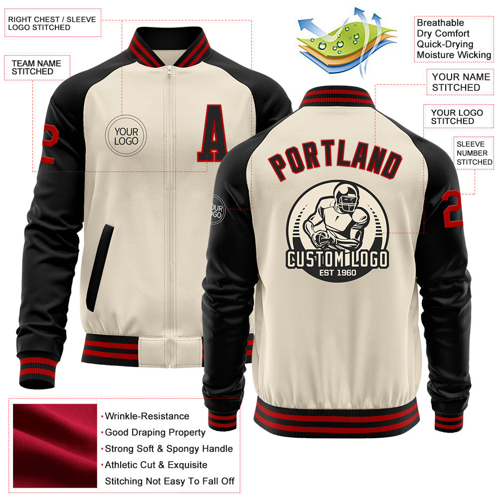 Custom Cream Red-Black Bomber Varsity Letterman Two Tone Zipper Jacket view 4