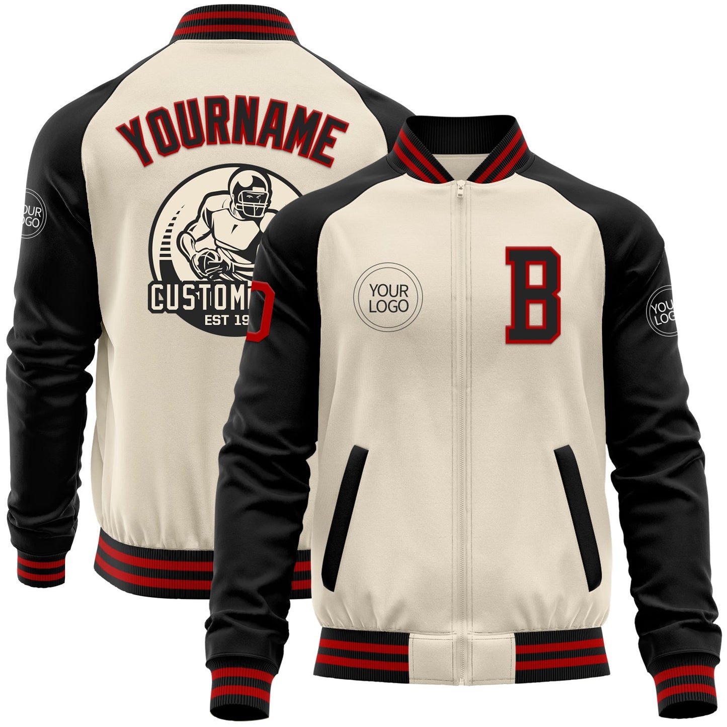 Custom Cream Red-Black Bomber Varsity Letterman Two Tone Zipper Jacket - Main View