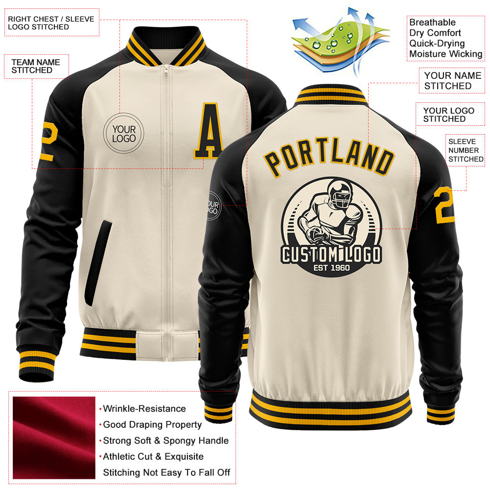 Custom Cream Gold-Black Bomber Varsity Letterman Two Tone Zipper Jacket view 4