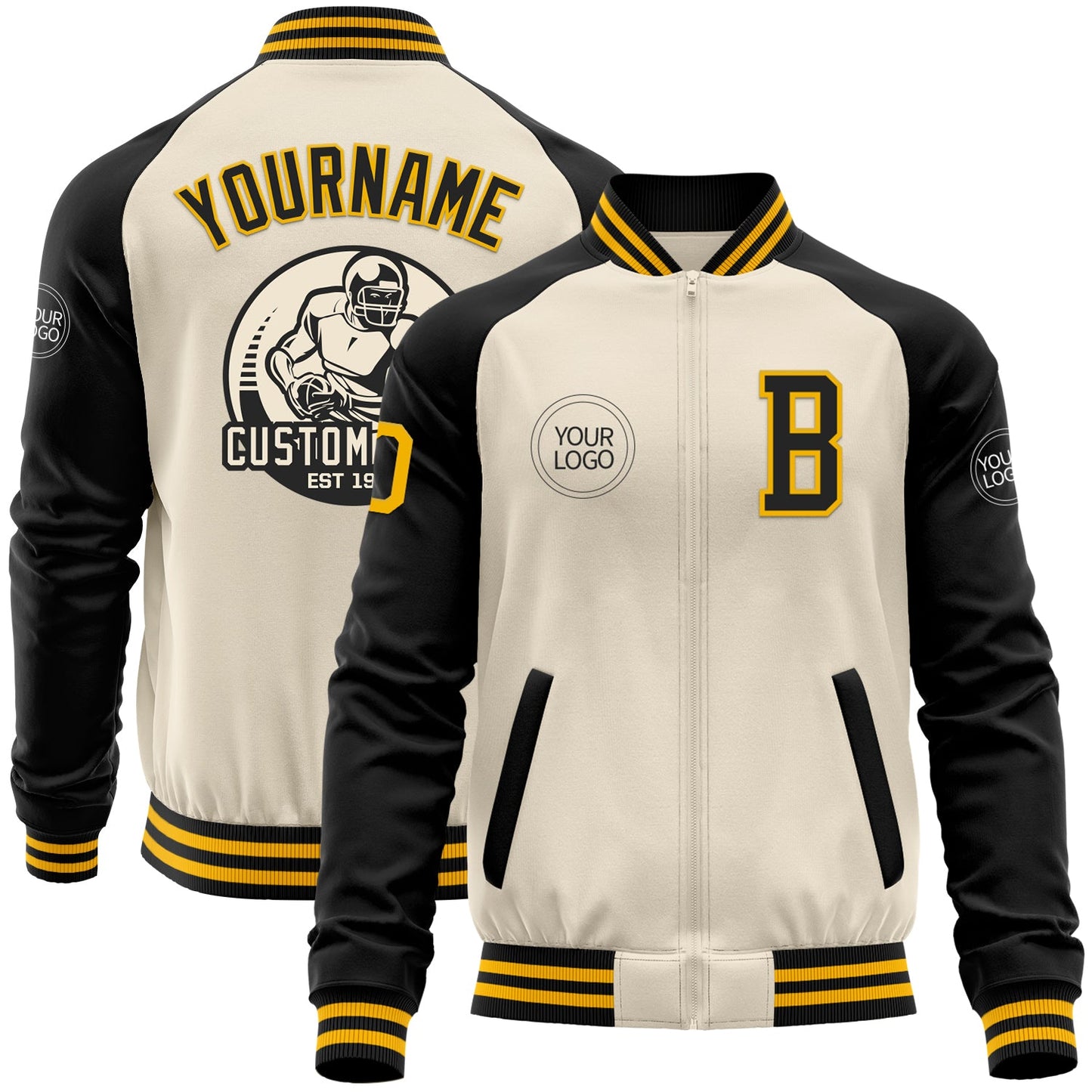 Custom Cream Gold-Black Bomber Varsity Letterman Two Tone Zipper Jacket - Main View