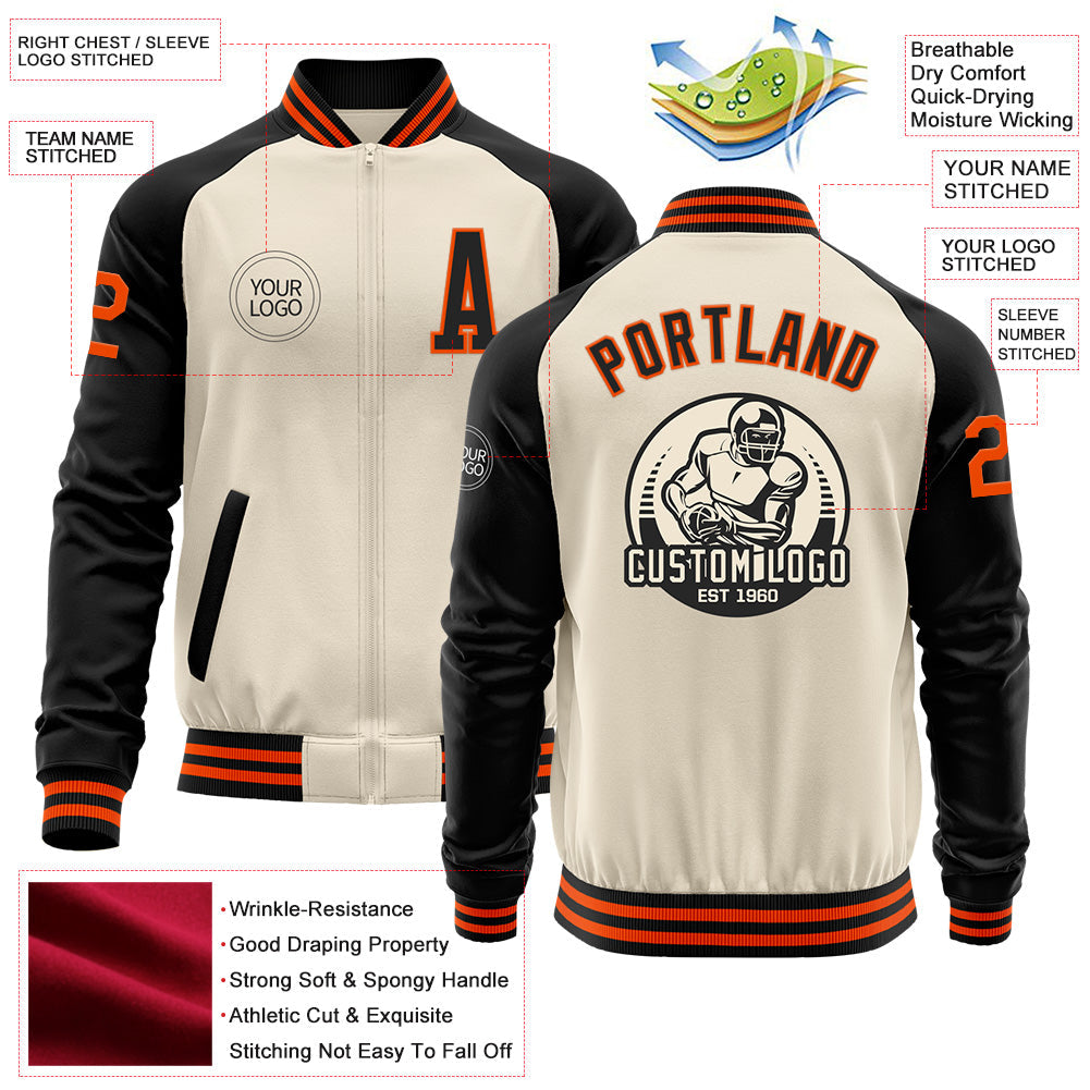 Custom Cream Orange-Black Bomber Varsity Letterman Two Tone Zipper Jacket view 4