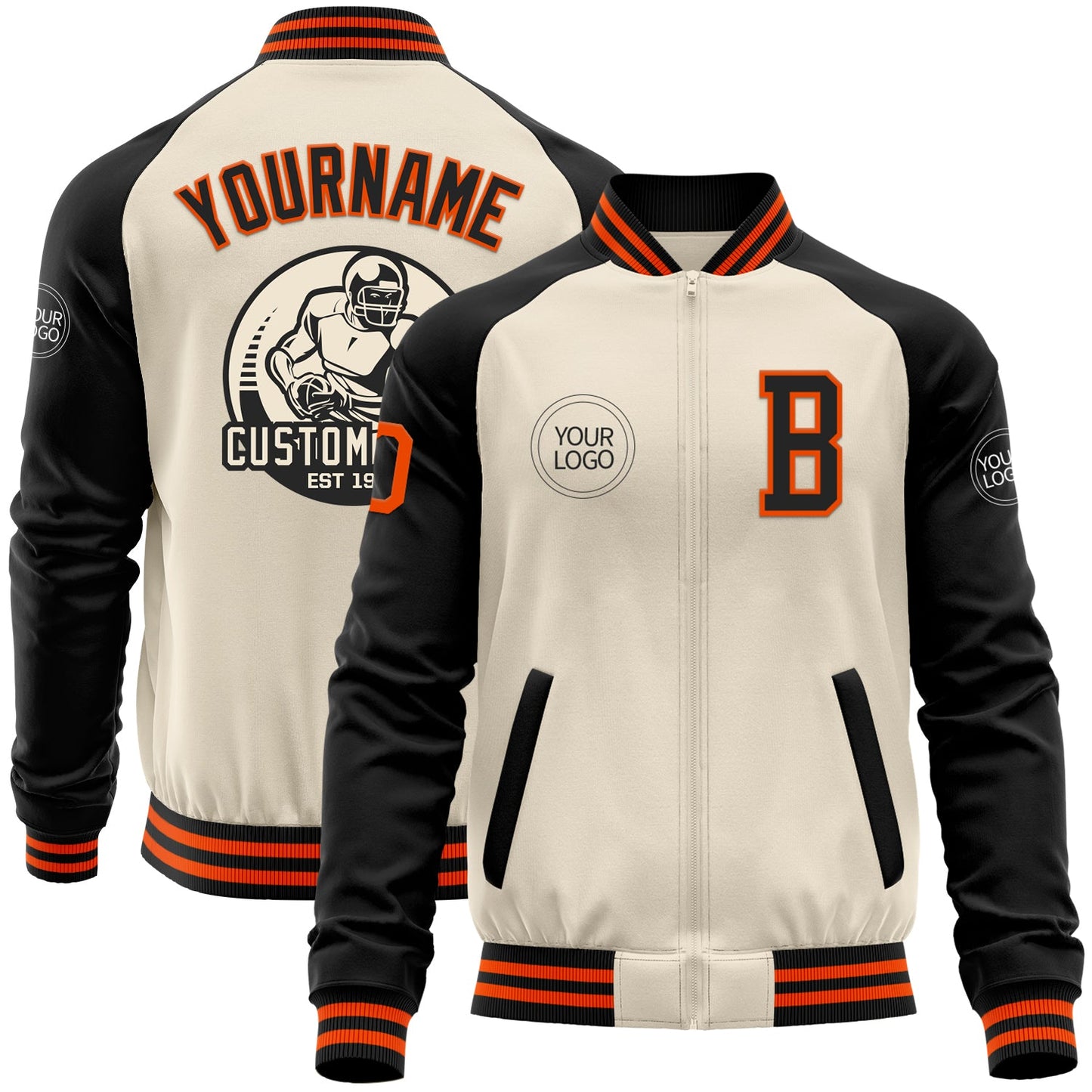 Custom Cream Orange-Black Bomber Varsity Letterman Two Tone Zipper Jacket - Main View