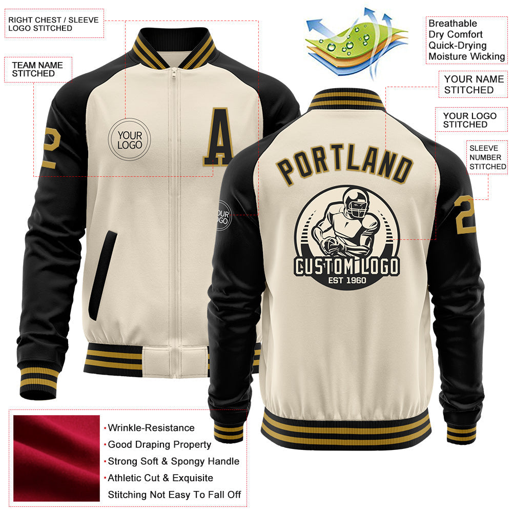 Custom Cream Old Gold-Black Bomber Varsity Letterman Two Tone Zipper Jacket view 4