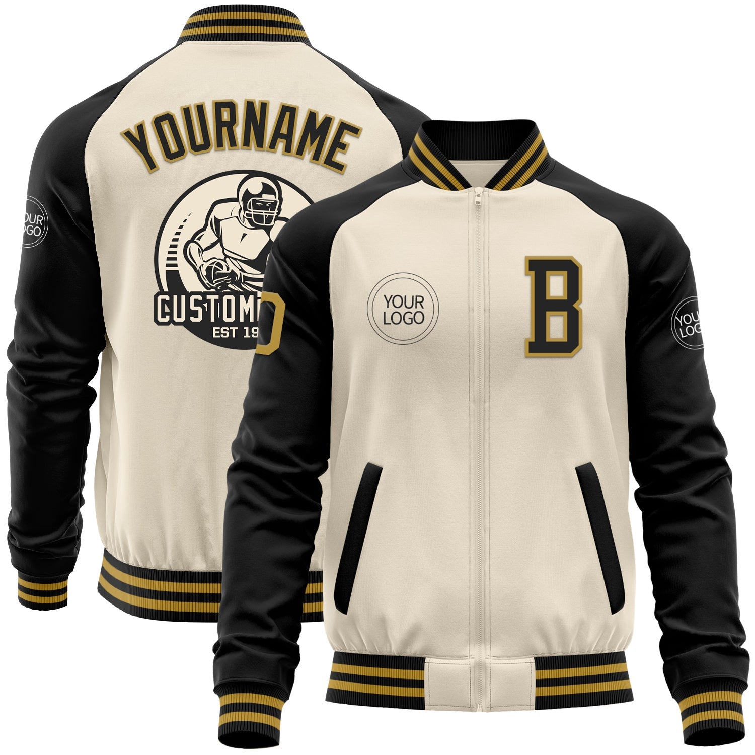 Custom Cream Old Gold-Black Bomber Varsity Letterman Two Tone Zipper Jacket - Main View