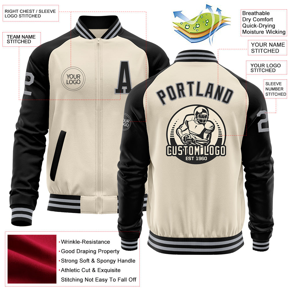 Custom Cream Gray-Black Bomber Varsity Letterman Two Tone Zipper Jacket view 4