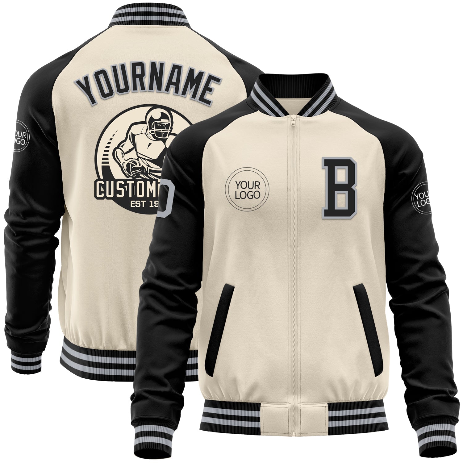 Custom Cream Gray-Black Bomber Varsity Letterman Two Tone Zipper Jacket - Main View