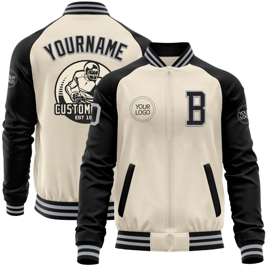 Custom Cream Gray-Black Bomber Varsity Letterman Two Tone Zipper Jacket - Main View